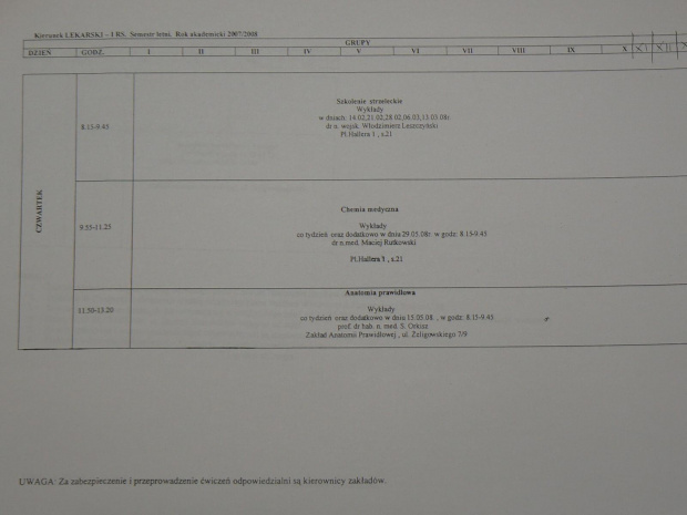 Plan zajęć - I rok WWL, 2007/2008, semestr II letni