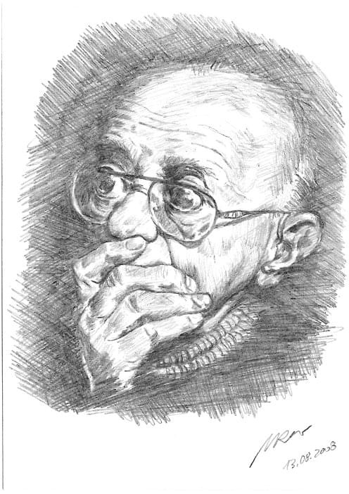 Portret St. Lema (ołówek autom., karton 210x297). Wykonano w oparciu o zdjęcie pisarza w tygodniku "Przekrój". #rysunek