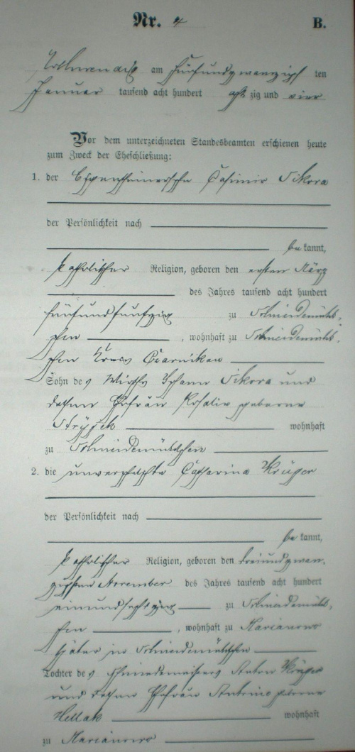 akt małżeństwa, USC Potrzebowice, pismo staroniemieckie rok 1884, strona1 #genealogia #metryka