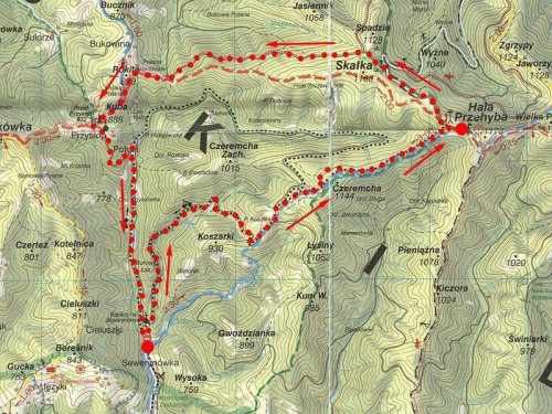 Mapka trasy Szczawnica - Przehyba - Przysłop #rower #góry #mapa #BeskidSądecki #szlak